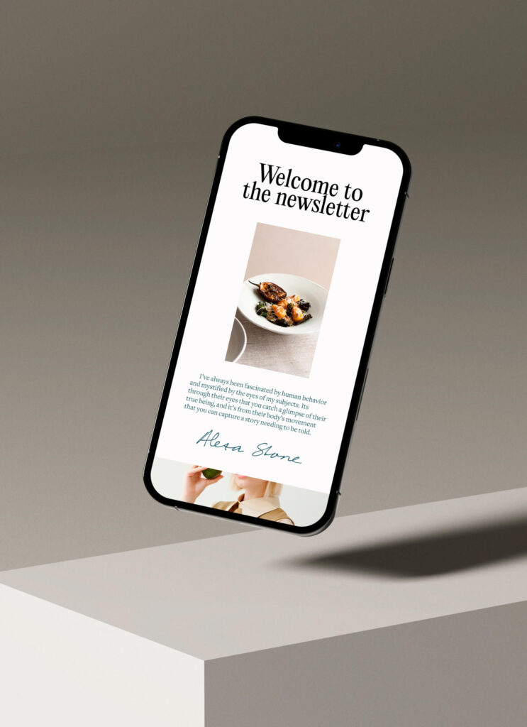 cell phone showing a flodesk newsletter using the thrivecart integration for flodesk